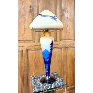 émile Gallé - Large Mushroom Lamp Decorated With A Vosges Landscape And Eagles. Art Nouveau Period