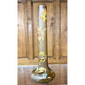 Cristallerie Emile Gallé - Vase aux chrysanthème En Verre émaillé Et Doré d'époque Art Nouveau 