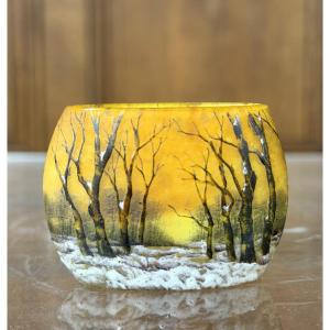 Daum Nancy - Oblong Miniature Vase Decorated With A Forest In The Snow. Landscape Art Nouveau Period