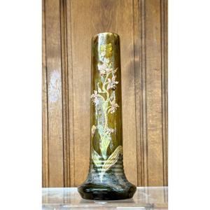 Cristallerie émile Gallé - Vase With Enameled Glass Cabochons Decorated With Orchids. Art Nouveau