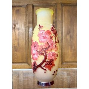 Émile Gallé - Rare vase soufflé moulé à décor de fleurs de pommiers. Époque Art Nouveau