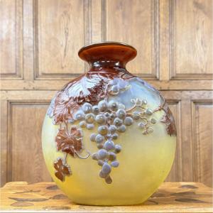 émile Gallé - Important "soufflé" Gourd-shaped Vase With Vine Motifs. Art Nouveau Period