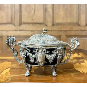 Sugar Bowl Made Of Solid Silver And Blue Crystal, Minerva Hallmark. Napoleon III Period