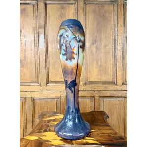 Daum Nancy - Monumental Hammered Vase With Fuchsias. Art Nouveau Period