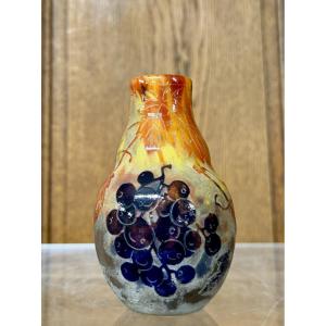 Daum Nancy—small Vase With Vines And Grapes, Art Nouveau Period
