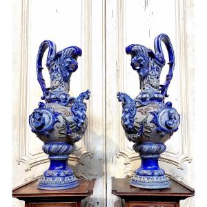 Pair Of Large Ewers In Blue Sandstone From The Nineteenth, In The Renaissance Taste