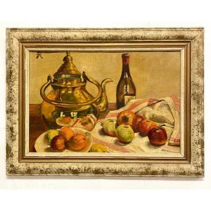 Still Life With Apples - Oil On Cardboard From The Early 20th Century
