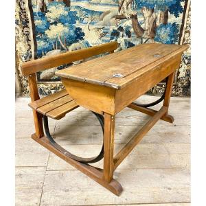 School Desk From The 1920s, Oak And Wrought Iron