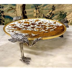 Alphonse Giroux And Duvinage, Large Japanese Bowl With Storks In Marquetry And Cloisonne