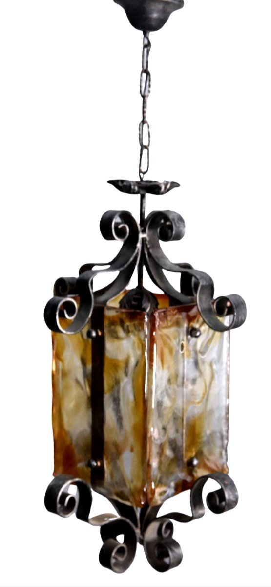 Series Of 3 Outdoor Garden Lanterns In Wrought Iron With Colored Glass Face-photo-2