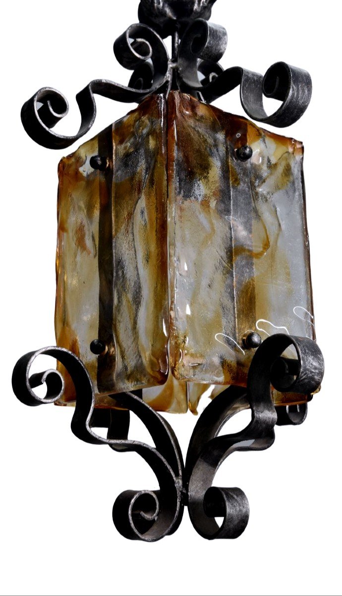 Series Of 3 Outdoor Garden Lanterns In Wrought Iron With Colored Glass Face-photo-3