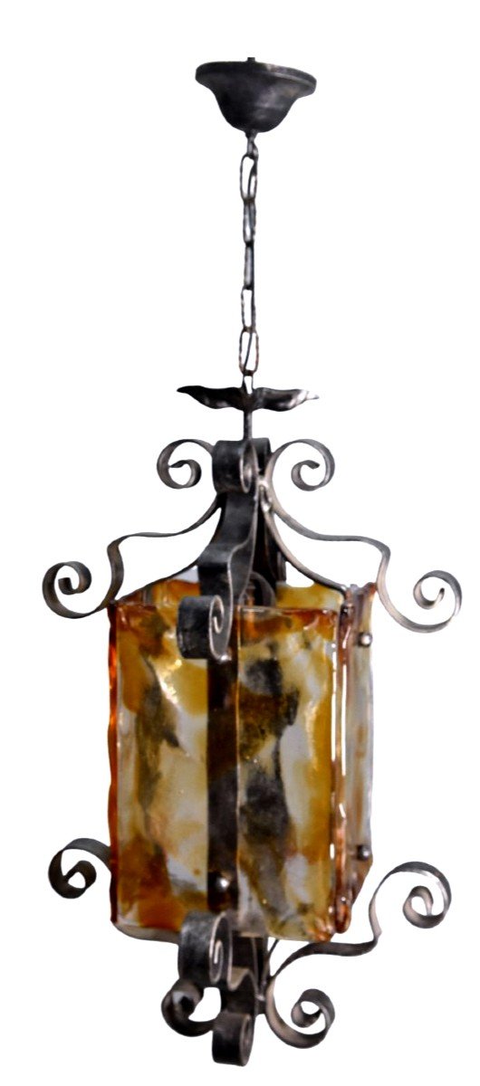 Series Of 3 Outdoor Garden Lanterns In Wrought Iron With Colored Glass Face