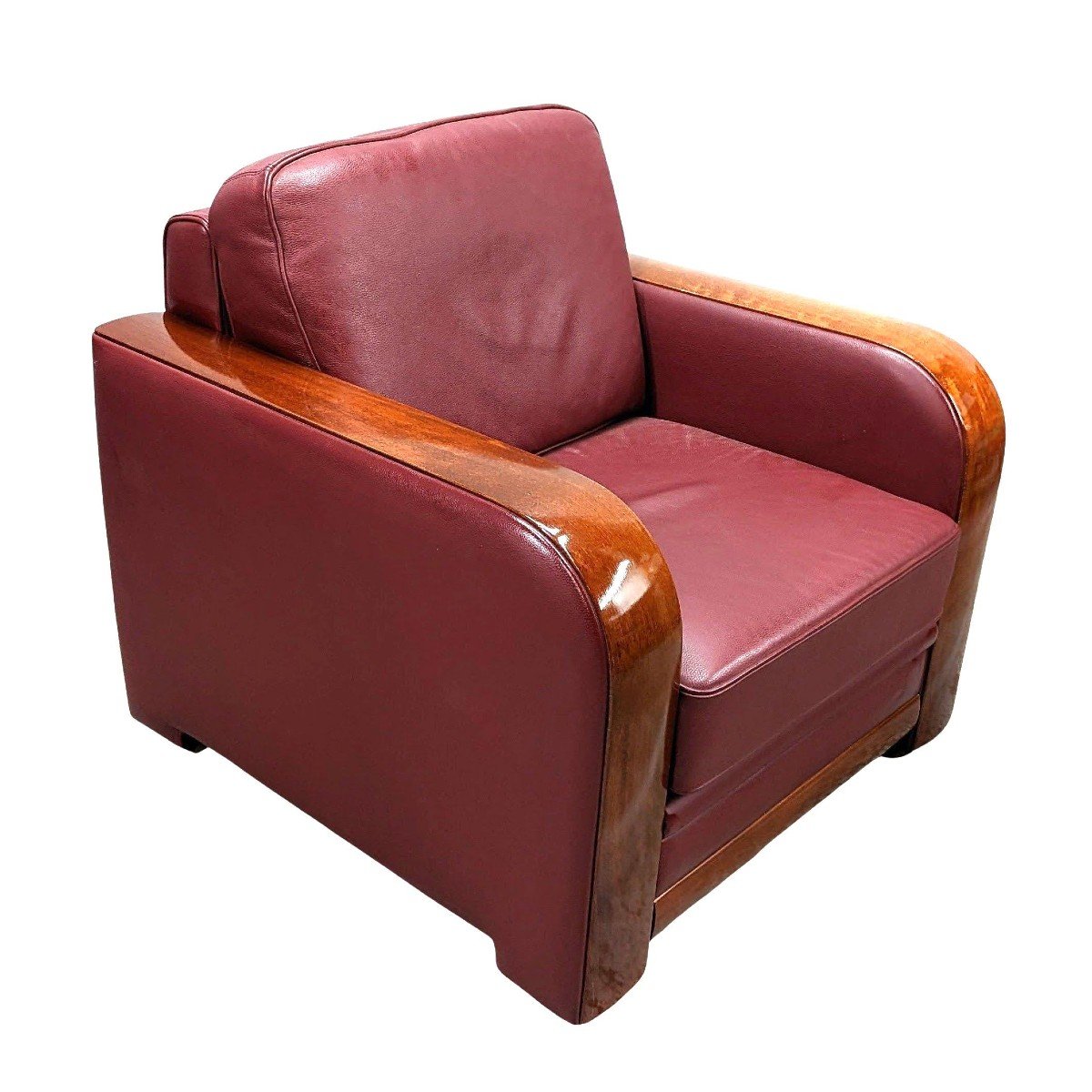 Fauteuils Club En Cuir Bordeaux Style Art Déco (paire)-photo-1