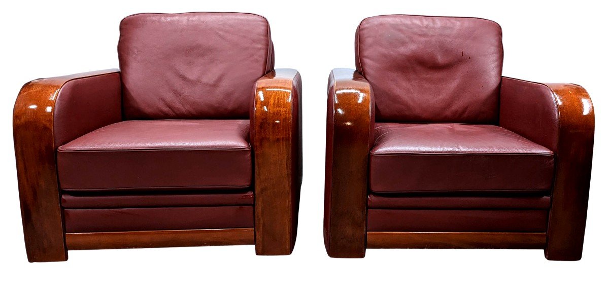 Art Deco Style Burgundy Leather Club Armchairs (pair)