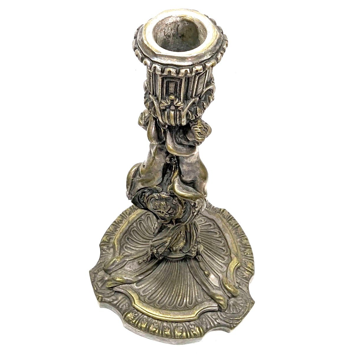 Pair Of Silver Bronze Candlesticks With Nineteenth Cherubs-photo-4