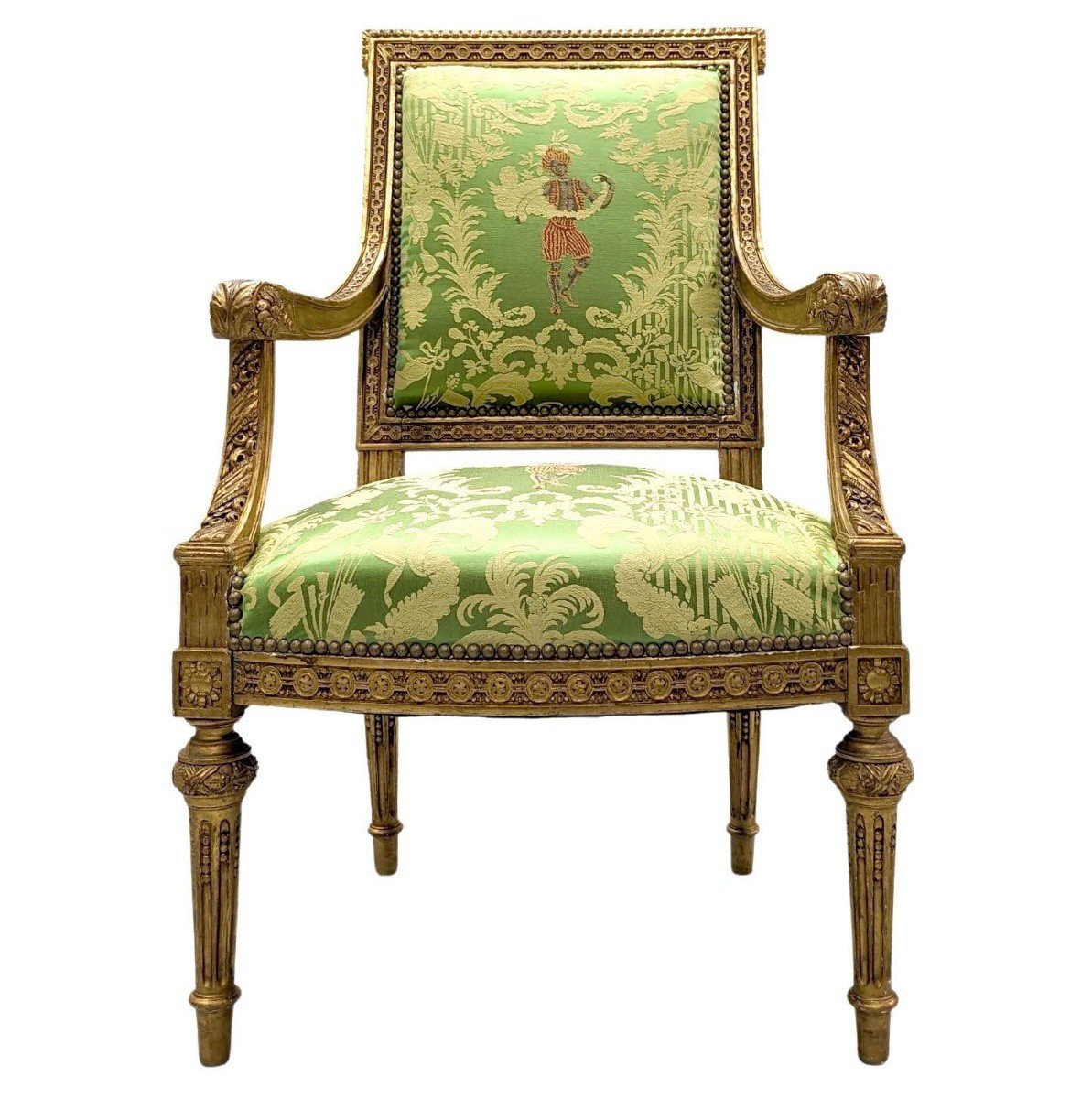Armchair In Golden Wood XIX Louis XVI Style Reupholstered With A Fabric From Chez Rubelli-photo-1