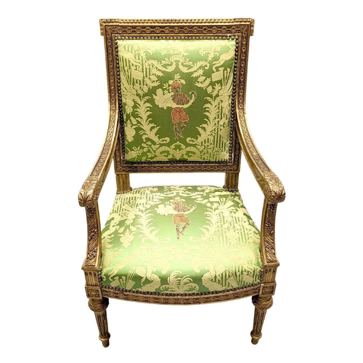 Armchair In Golden Wood XIX Louis XVI Style Reupholstered With A Fabric From Chez Rubelli-photo-2