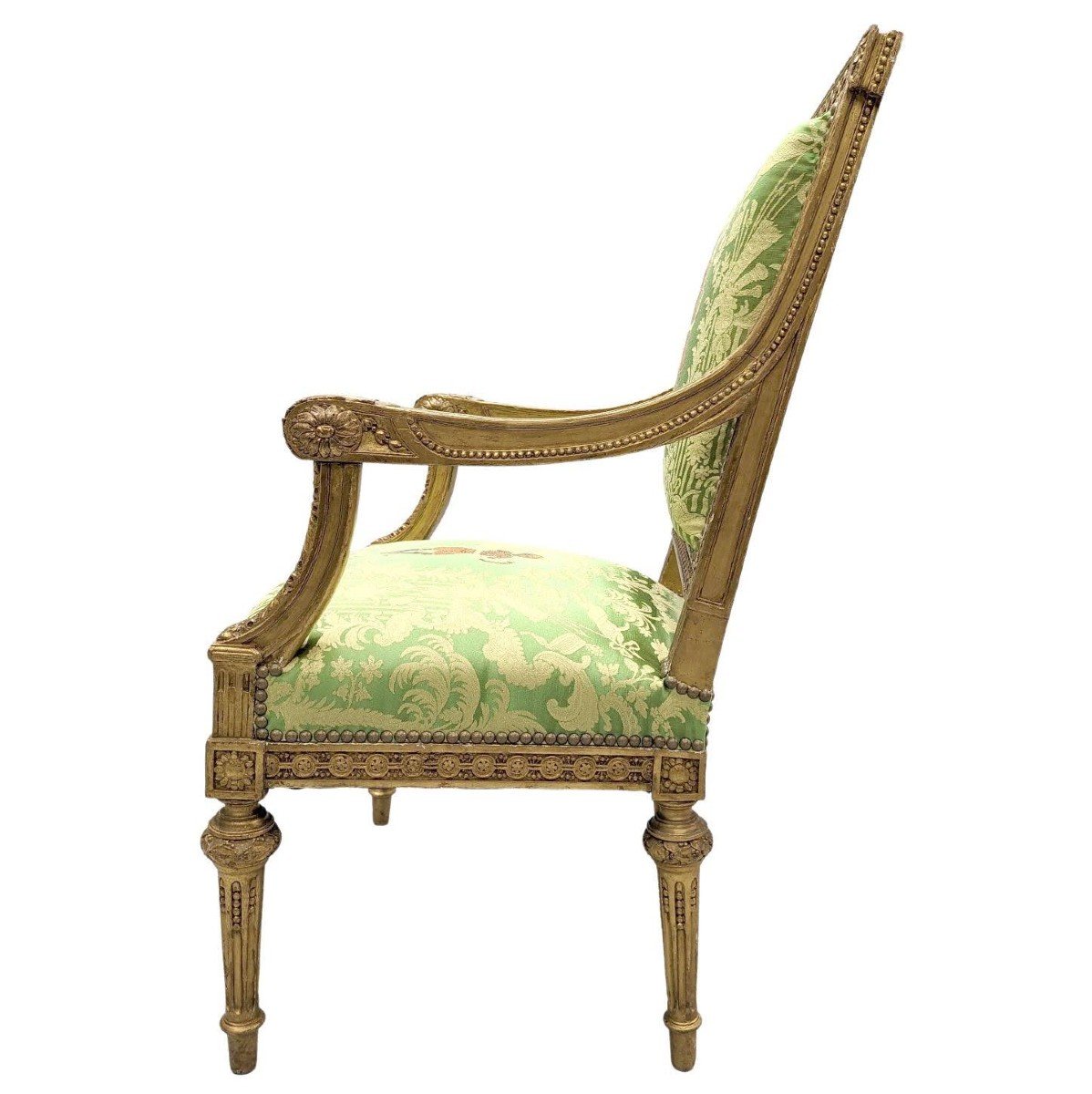 Armchair In Golden Wood XIX Louis XVI Style Reupholstered With A Fabric From Chez Rubelli-photo-3