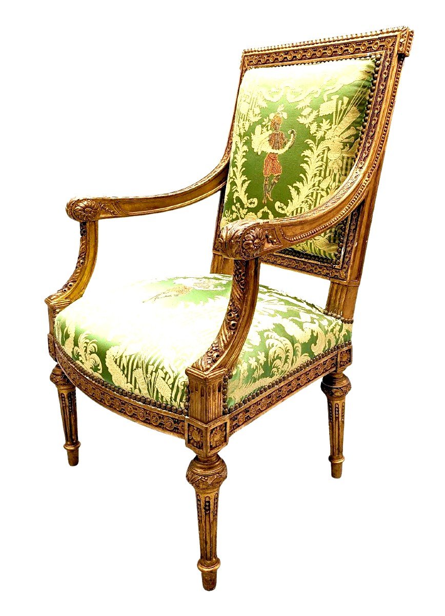 Armchair In Golden Wood XIX Louis XVI Style Reupholstered With A Fabric From Chez Rubelli