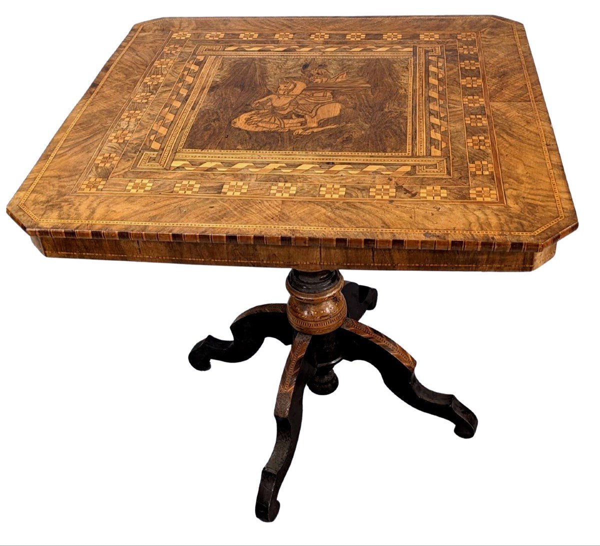 Italian Sorrento Pedestal Table Richly Inlaid Decorated With Saint George Slaying The Dragon-photo-2