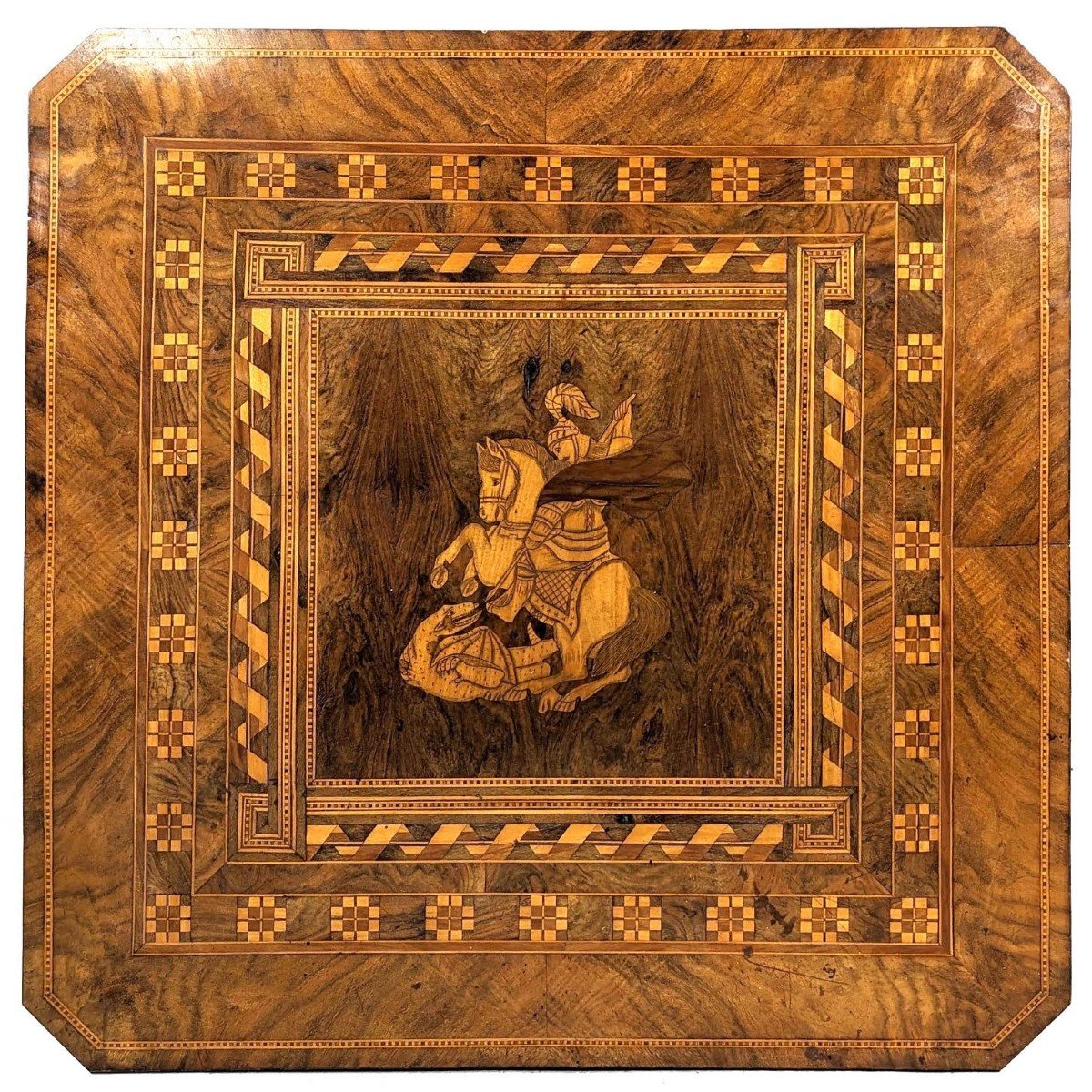 Italian Sorrento Pedestal Table Richly Inlaid Decorated With Saint George Slaying The Dragon-photo-4