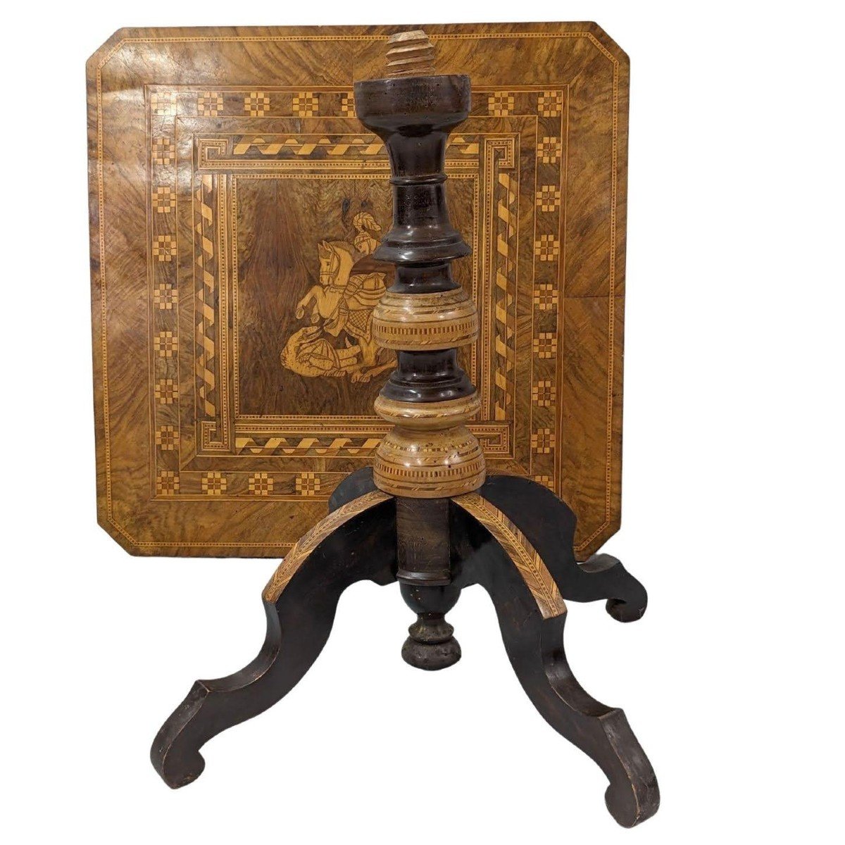 Italian Sorrento Pedestal Table Richly Inlaid Decorated With Saint George Slaying The Dragon-photo-1