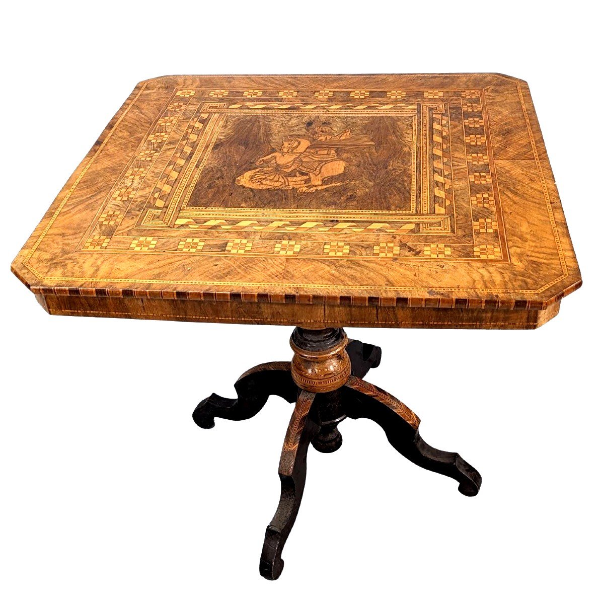 Italian Sorrento Pedestal Table Richly Inlaid Decorated With Saint George Slaying The Dragon