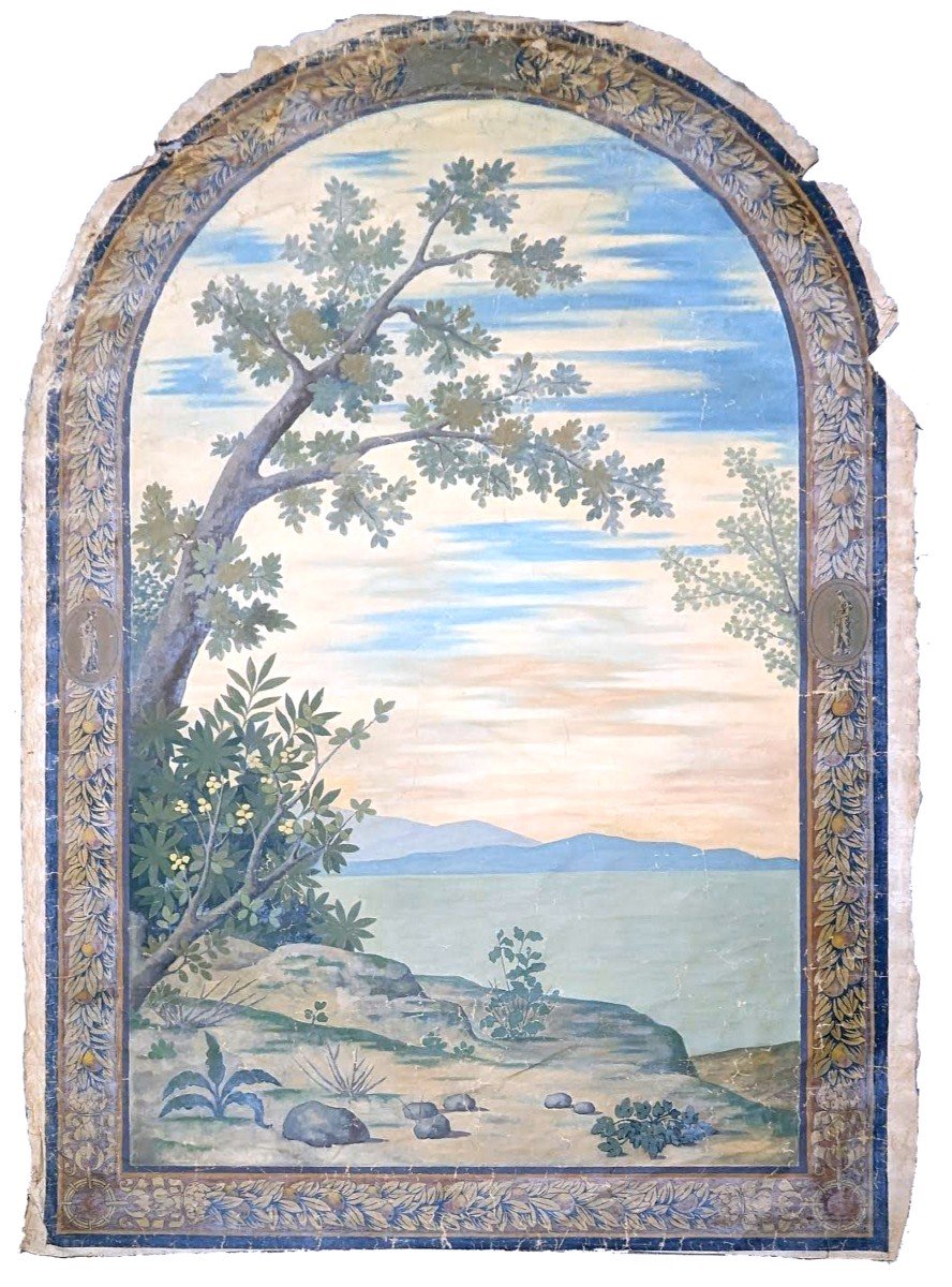 Large Painted Canvas Trompe l'Oeil Late 19th Century Representing A Mediterranean Lake Landscape.