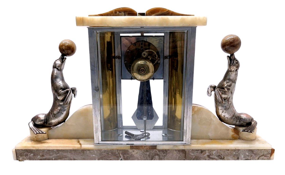 Pendule  Aux Otaries Socle Onyx Art Déco 1930  -photo-2