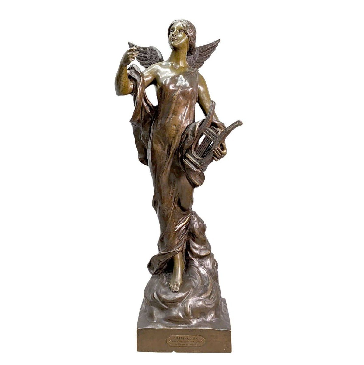 "inspiration" Large Bronze Of Young Winged Woman By Pierre Etienne Daniel Campagne.-photo-1