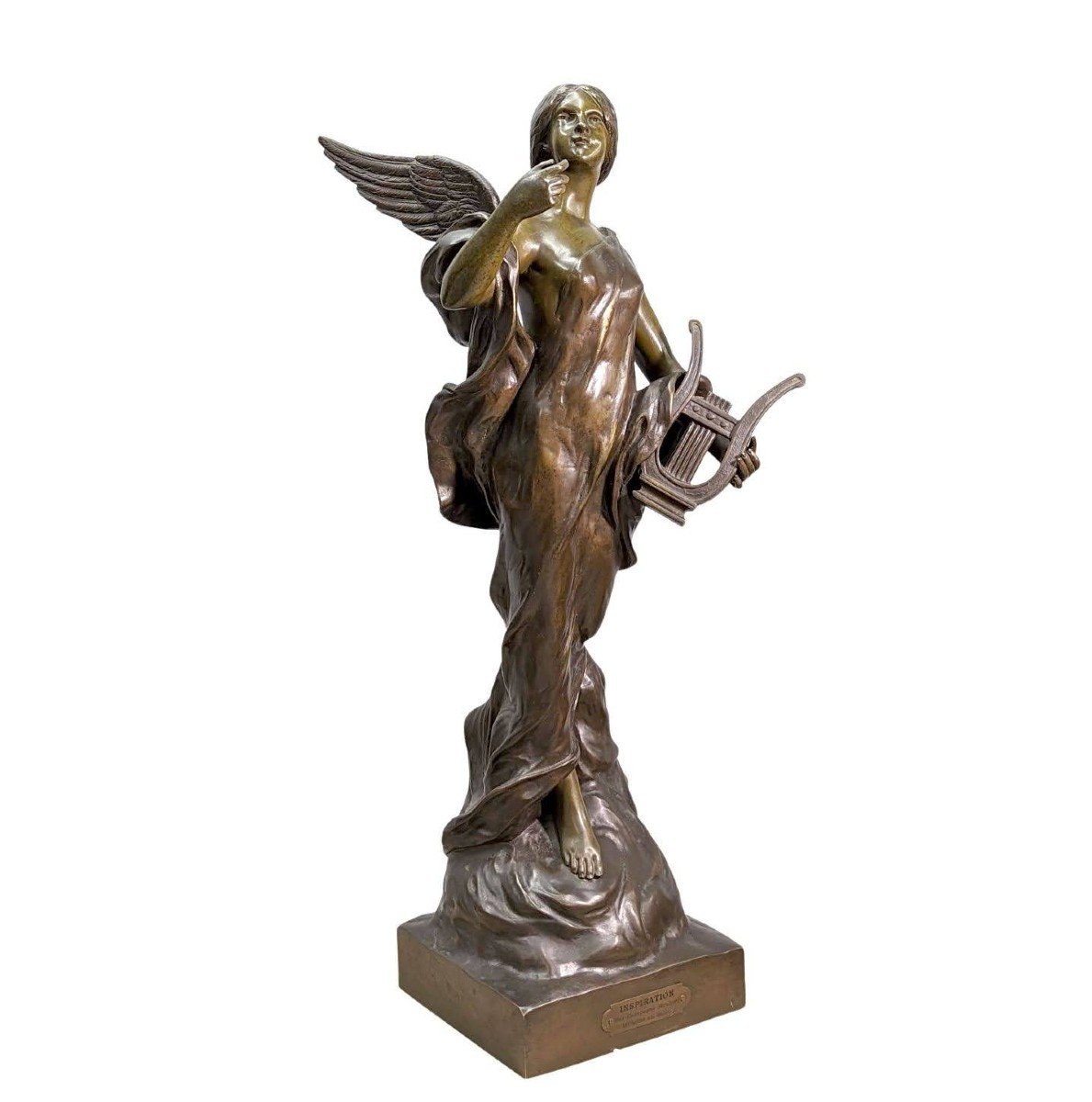 "inspiration" Large Bronze Of Young Winged Woman By Pierre Etienne Daniel Campagne.-photo-2