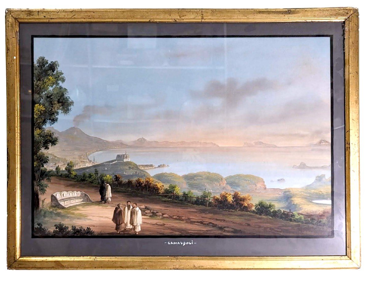  Grande Gouache Napolitaine "camaldoli" Avec Une Vue Sur Le Chateau De l'Oeuf , l'Ile d'Ischia,