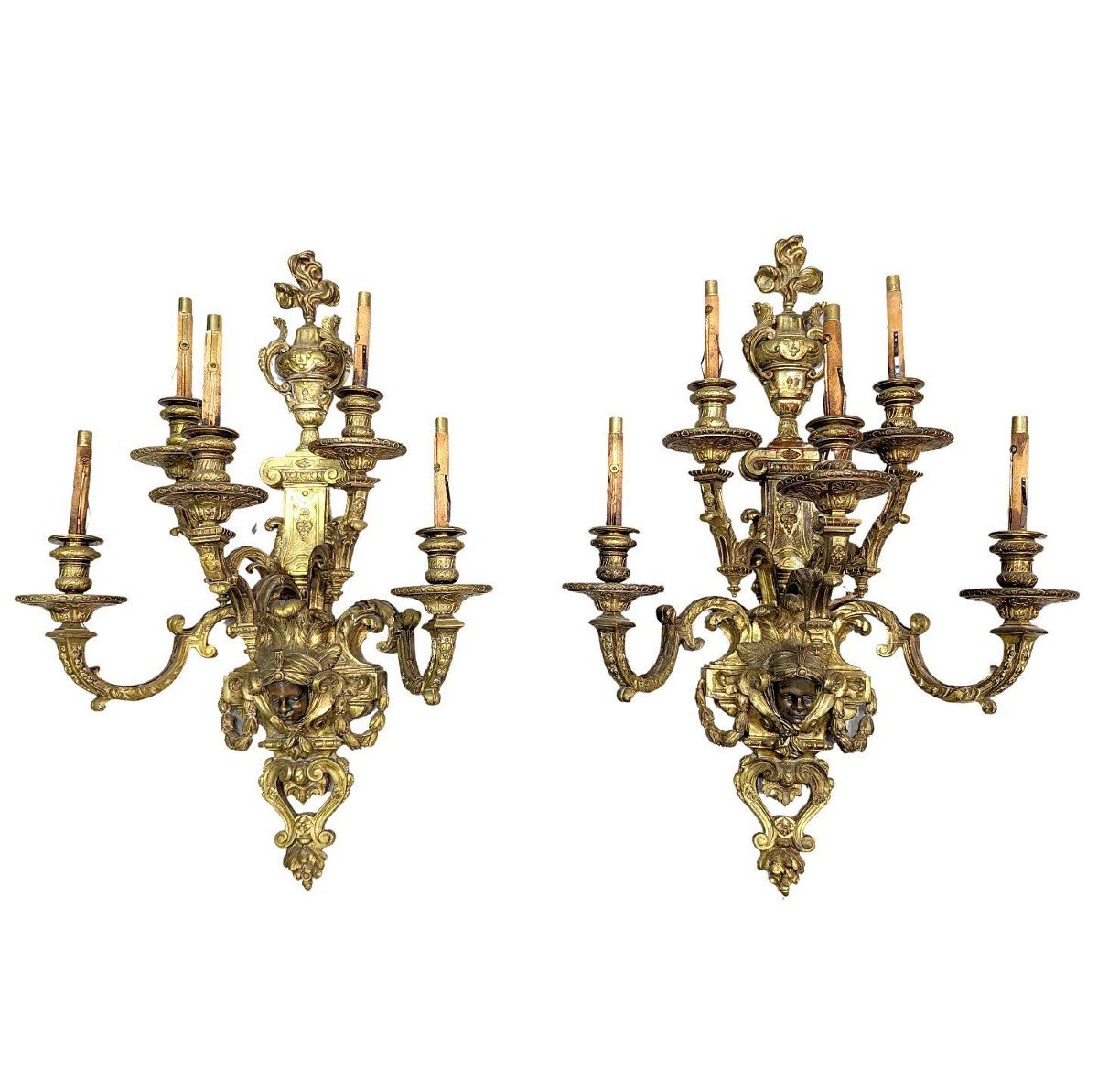 Pair Of Gilt Bronze Sconces Heads Of Nubians Style Louis XIV Nap III-photo-3