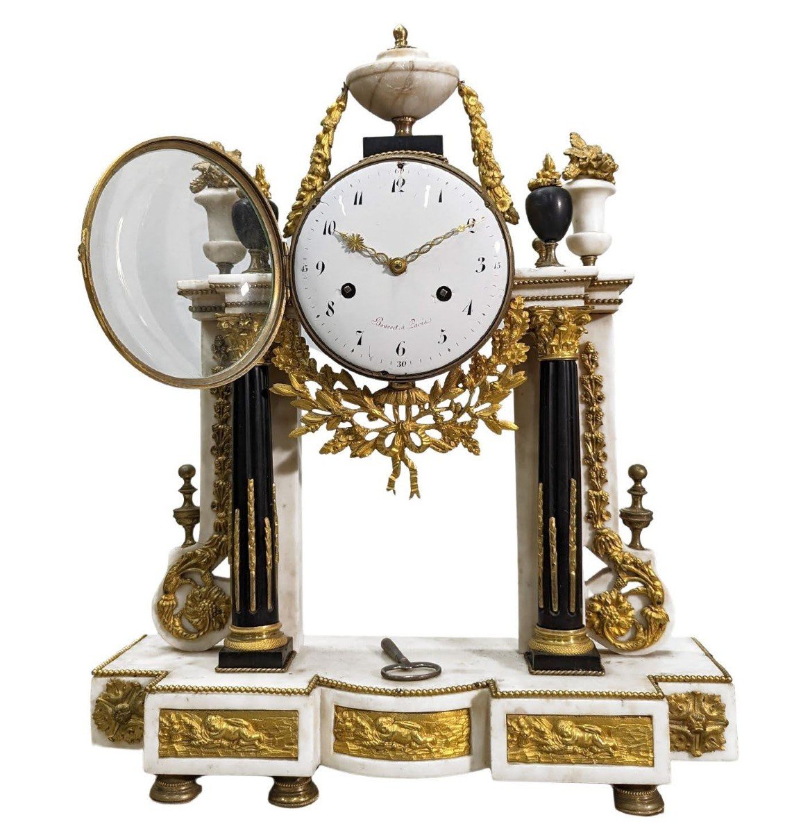 Louis XVI Portico Pendulum In Gilt Bronze And White Marble-photo-2