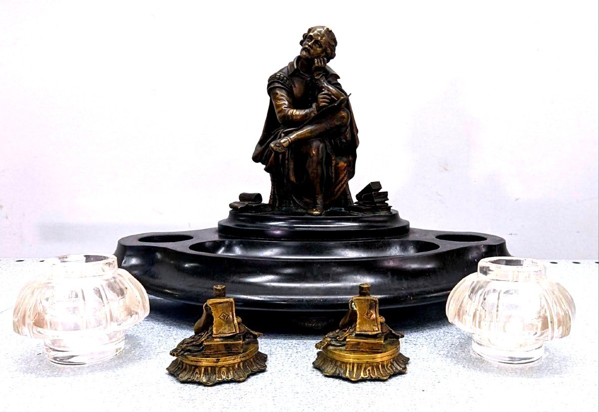 Rare Inkwell In Bronze And Black Marble With Integrated Bell System XIXth-photo-2