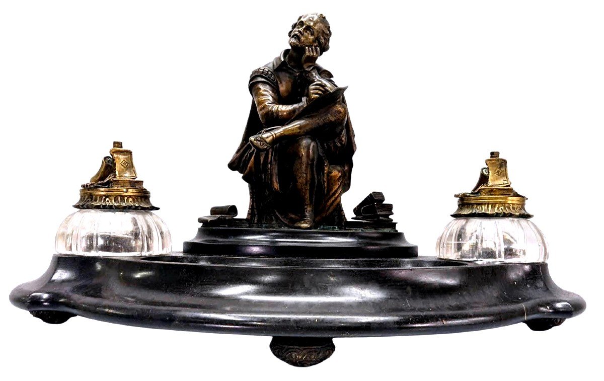 Rare Inkwell In Bronze And Black Marble With Integrated Bell System XIXth