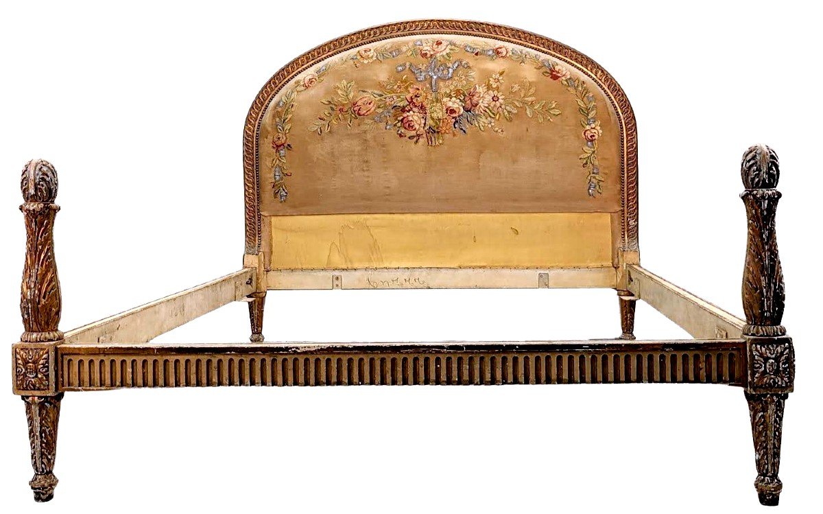 Lit De Style Louis XVI Laqué Et Doré Tapisserie Florale époque 1900