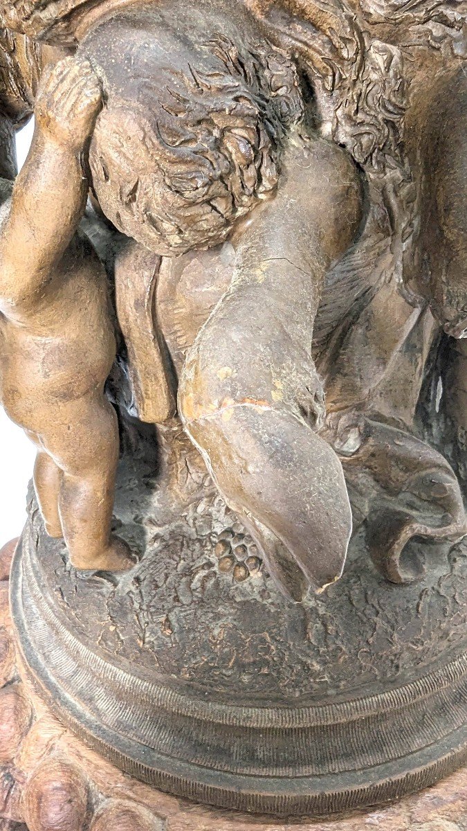"groupe En Terre Cuite De Clodion  La Jeune Fille Et Le Faune, Sur Socle En Bois Sculpté-photo-1