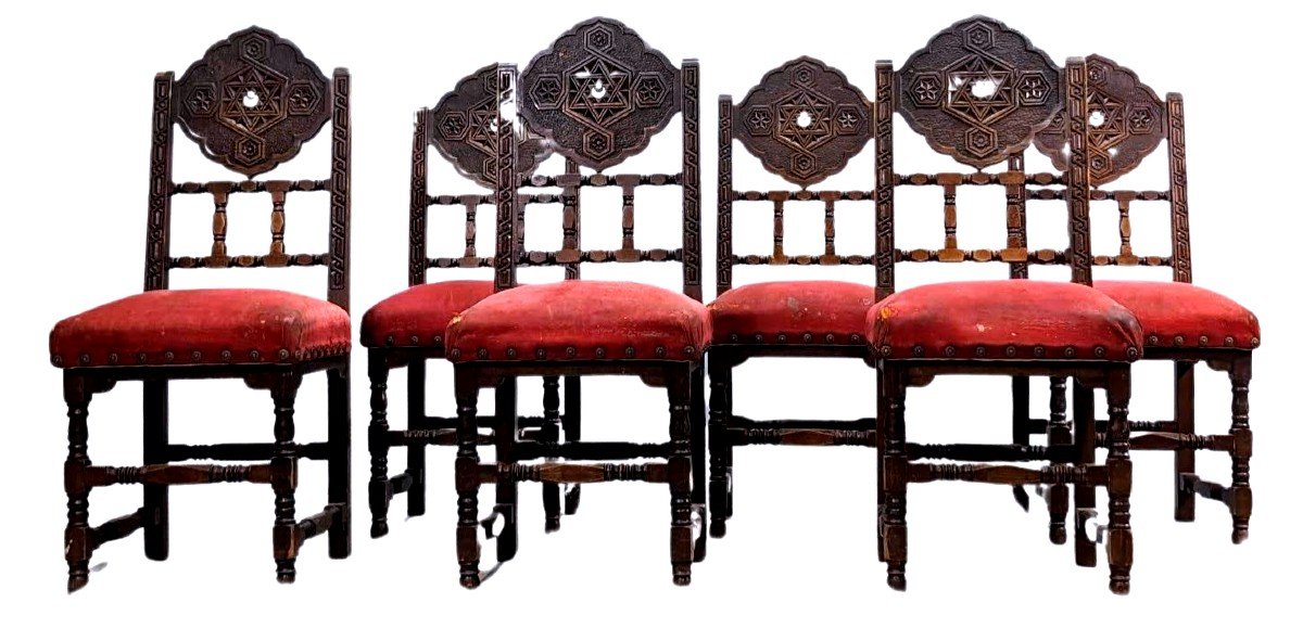 6 Oriental Chairs Algeria 1900 Mother-of-pearl And Pewter Inlays Red Velvet Top