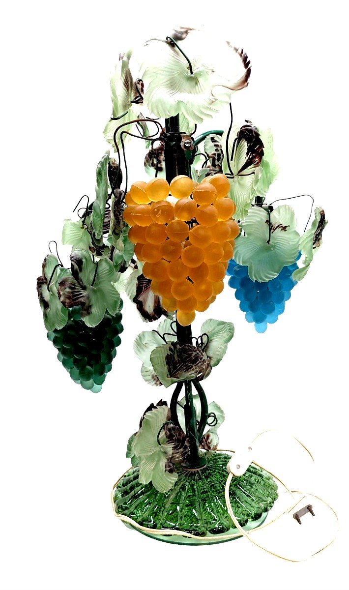 Pair Of Murano Vine Lamps With Grapes Colored Molded Glass-photo-2