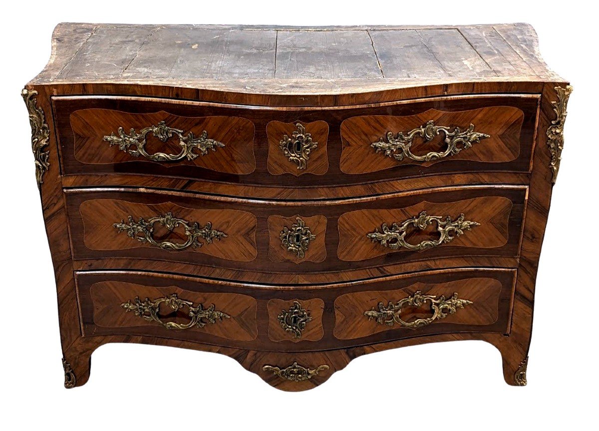 Commode Louis XV En Marqueterie De Bois De Rose Et Bois De Violette époque XVIIIème.-photo-1