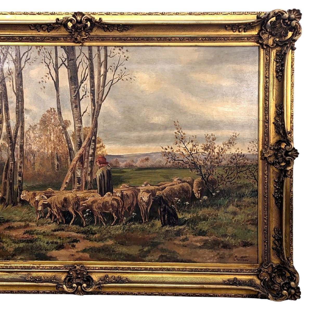 Large Painting 19th Century Pastoral Scene In A Large Frame With Ears-photo-3