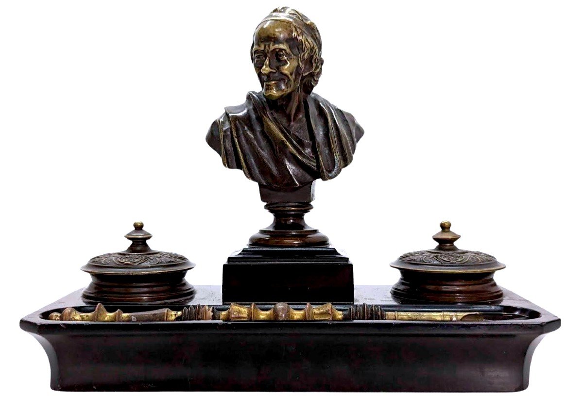 Napoleon III Bronze And Black Marble Inkwell With Voltaire Decor-photo-3