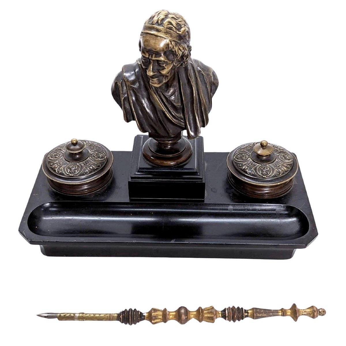 Napoleon III Bronze And Black Marble Inkwell With Voltaire Decor-photo-4