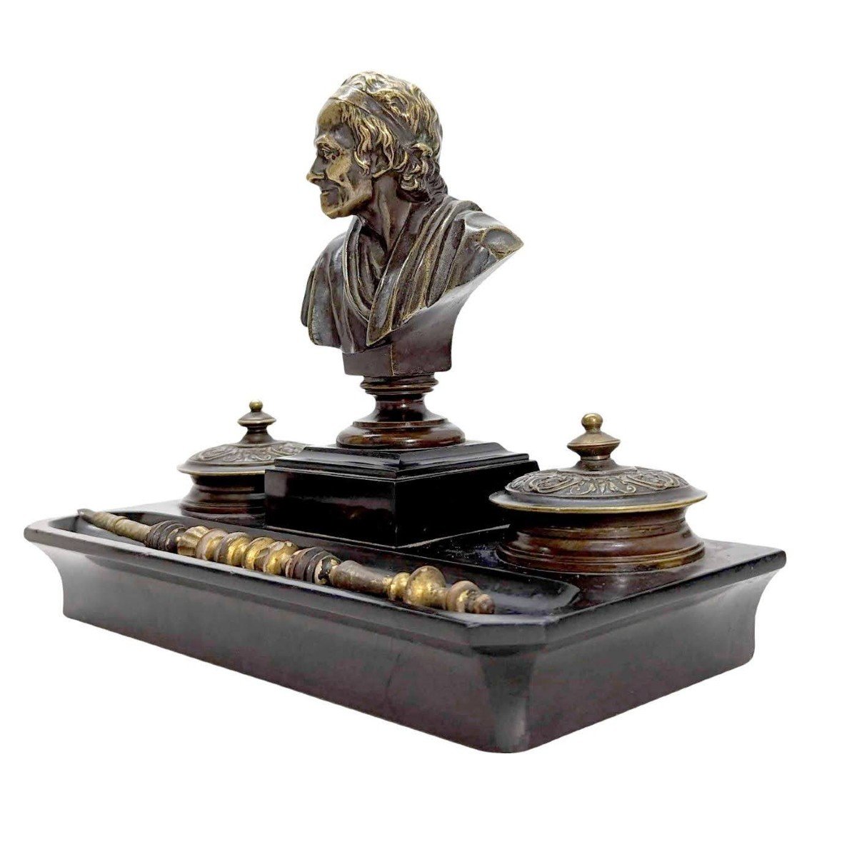 Napoleon III Bronze And Black Marble Inkwell With Voltaire Decor-photo-1