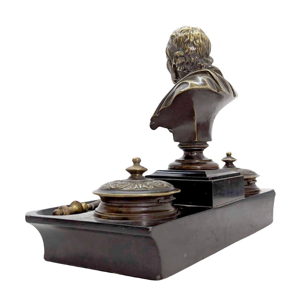 Napoleon III Bronze And Black Marble Inkwell With Voltaire Decor-photo-2