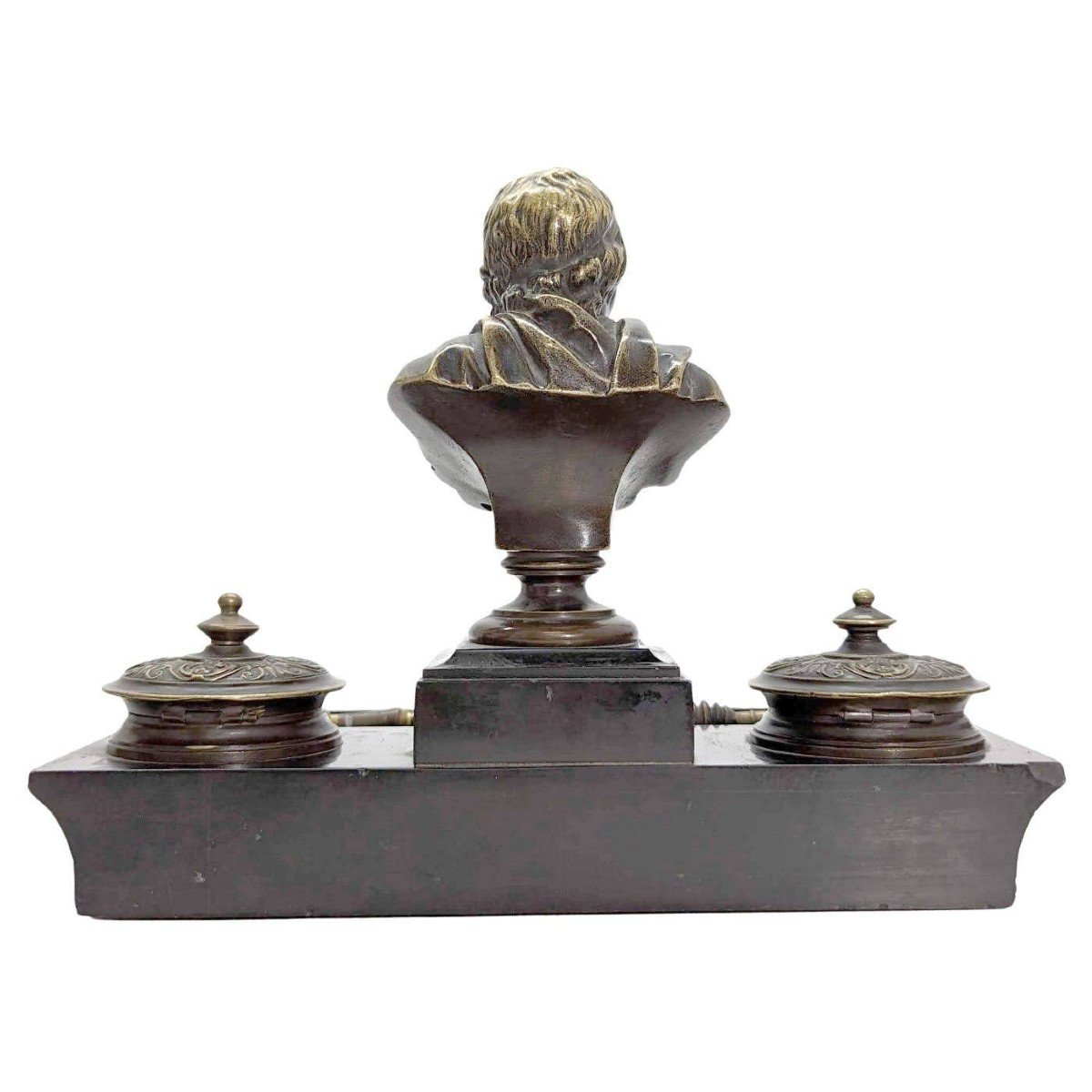 Napoleon III Bronze And Black Marble Inkwell With Voltaire Decor-photo-3