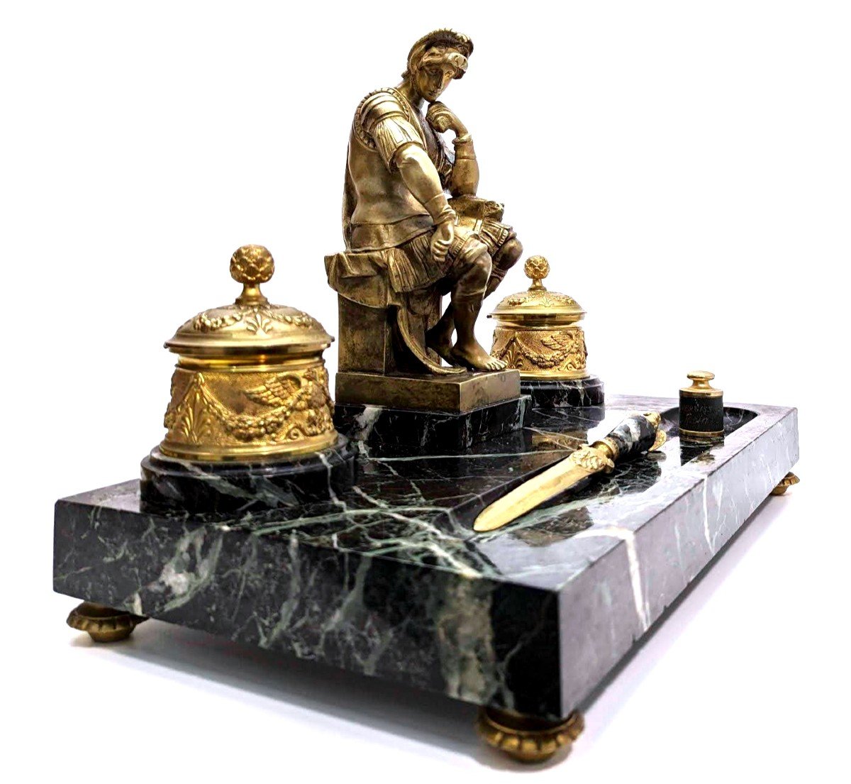 Grand Encrier à Décor De  Laurent De Médicis Par Michel Ange Bronze Doré Et  Marbre Vert -photo-2