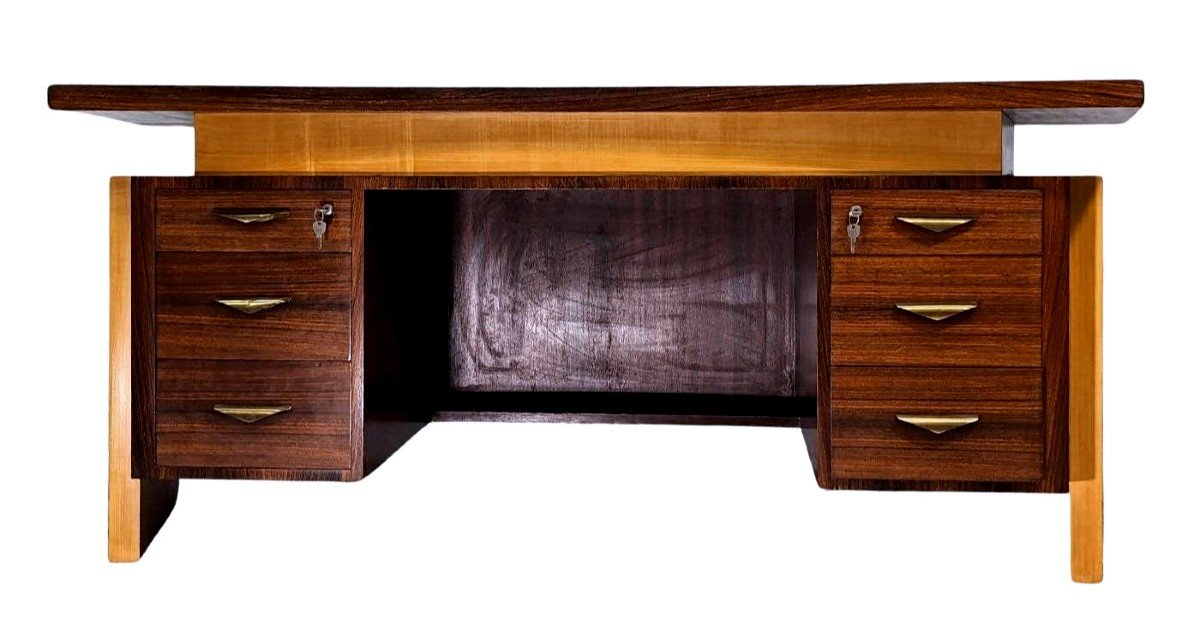 Large Presidential Desk With Box Art Deco Style 1930 From 1950 In Rosewood-photo-3