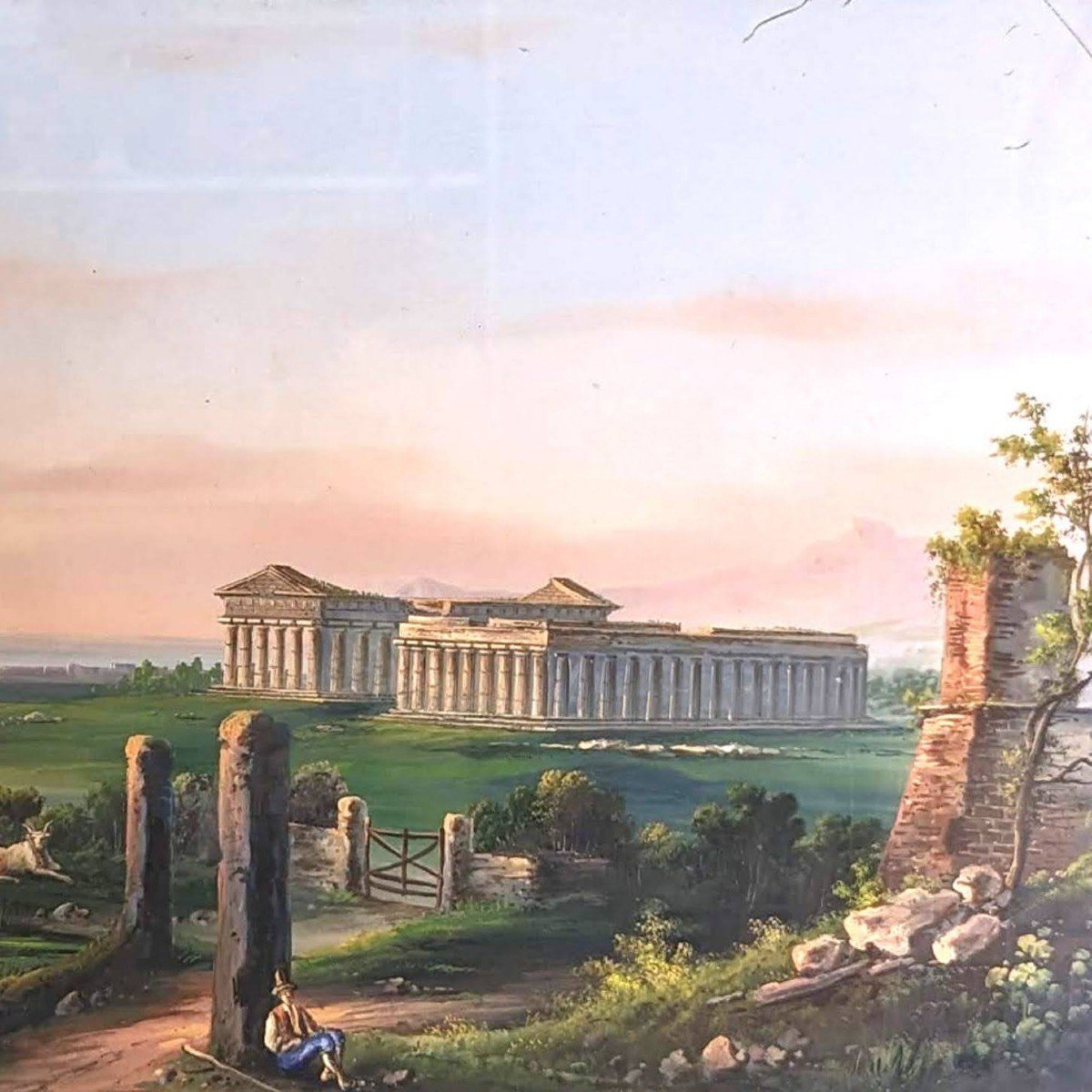 Large Neapolitan Gouache Temple Of Pesto 19th Century-photo-1